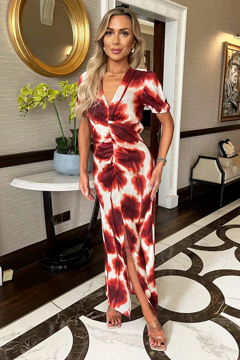 Rust Printed Puff Sleeve Front Split Midi Dress sold by AX Paris