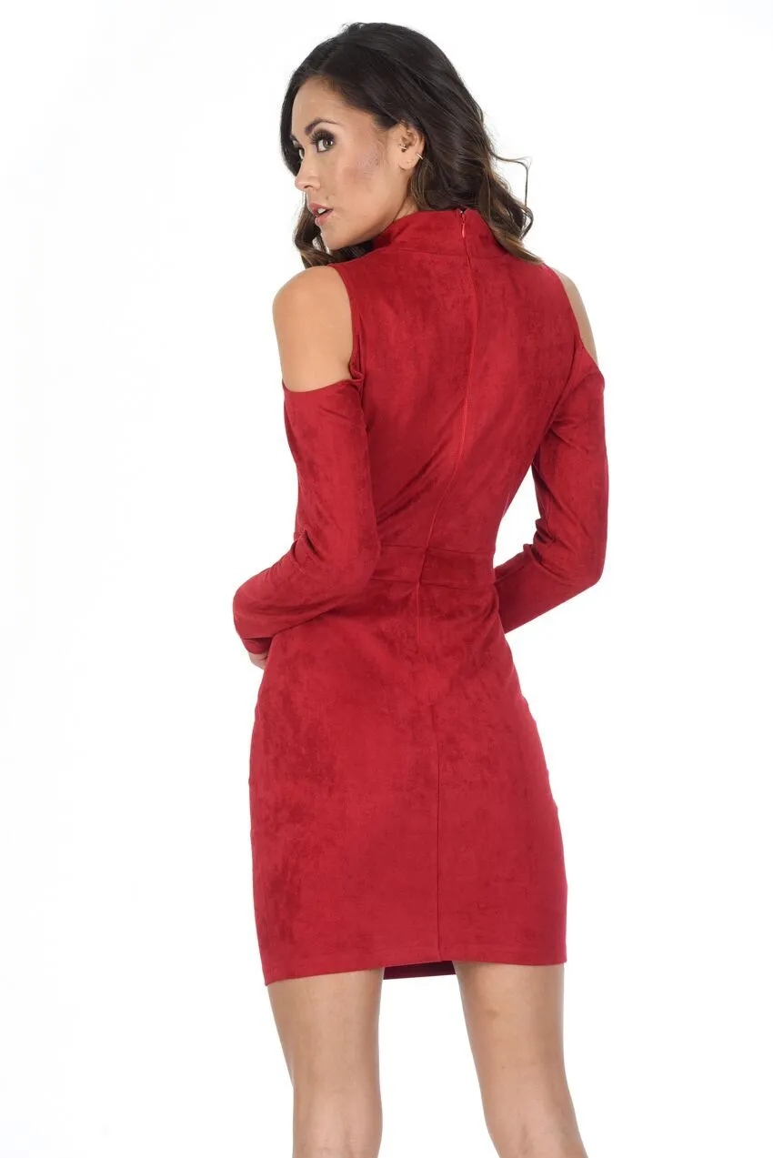 Red Faux Suede High Neck Cold Shoulder Mini Dress sold by AX Paris product image thumbnail 3