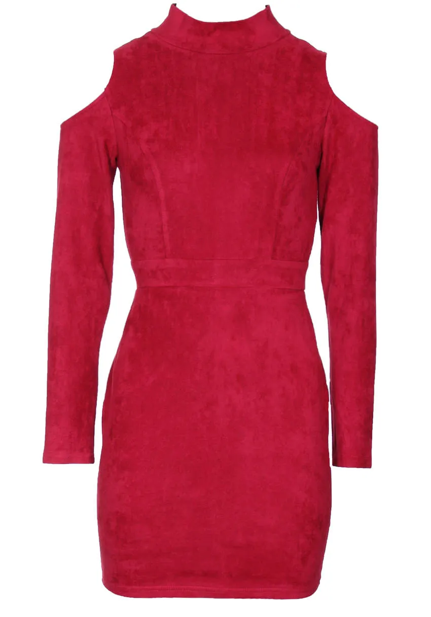 Red Faux Suede High Neck Cold Shoulder Mini Dress sold by AX Paris product image thumbnail 4