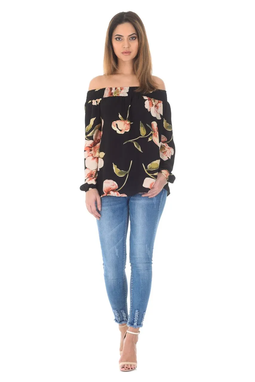 Black Off The Shoulder Floral Top With Elastic Shoulder Detail sold by AX Paris product image thumbnail 2