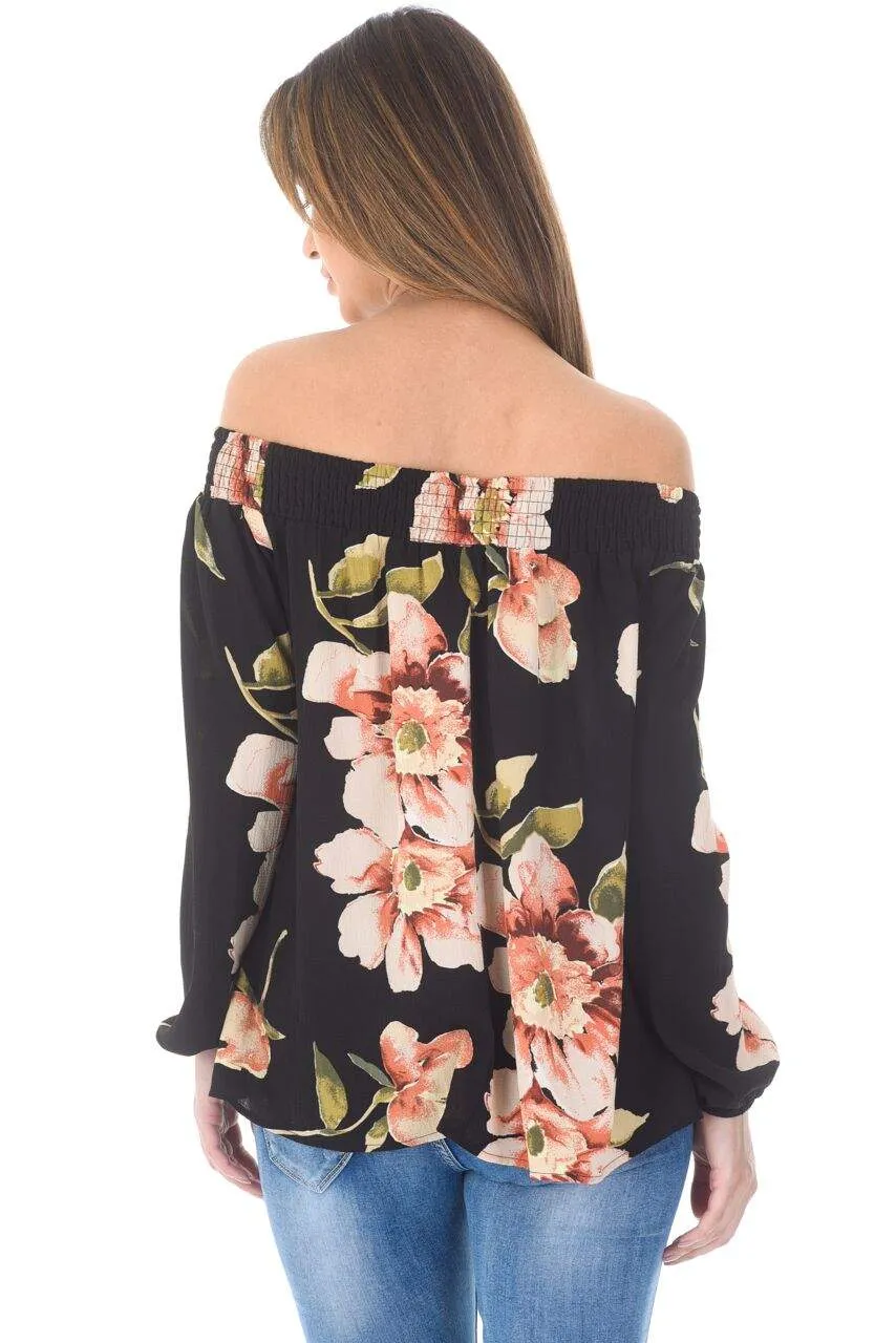 Black Off The Shoulder Floral Top With Elastic Shoulder Detail sold by AX Paris product image thumbnail 3