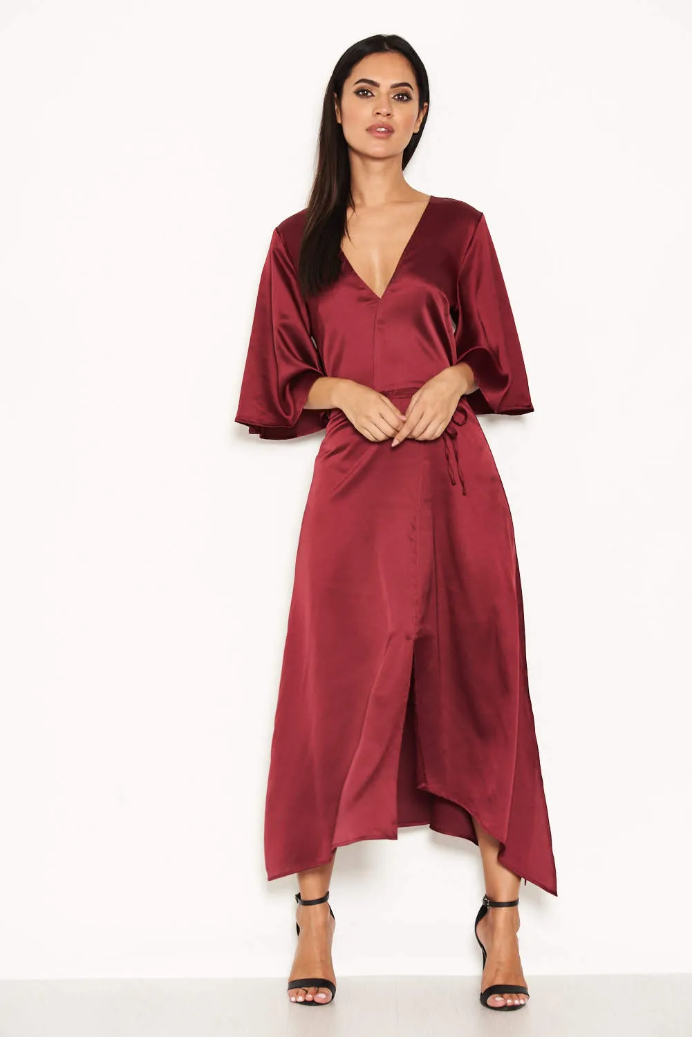 Plum Midi Dress With Ruffle Sleeves And Tie Waist sold by AX Paris