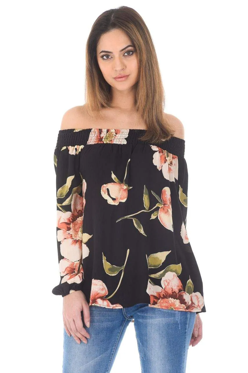 Black Off The Shoulder Floral Top With Elastic Shoulder Detail sold by AX Paris