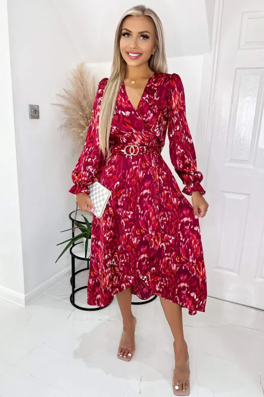 Wine Printed Long Sleeve Wrap Midi Dress With Belt sold by AX Paris