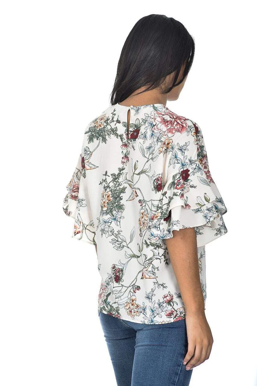 Cream Floral Frill Sleeve Top sold by AX Paris product image thumbnail 3