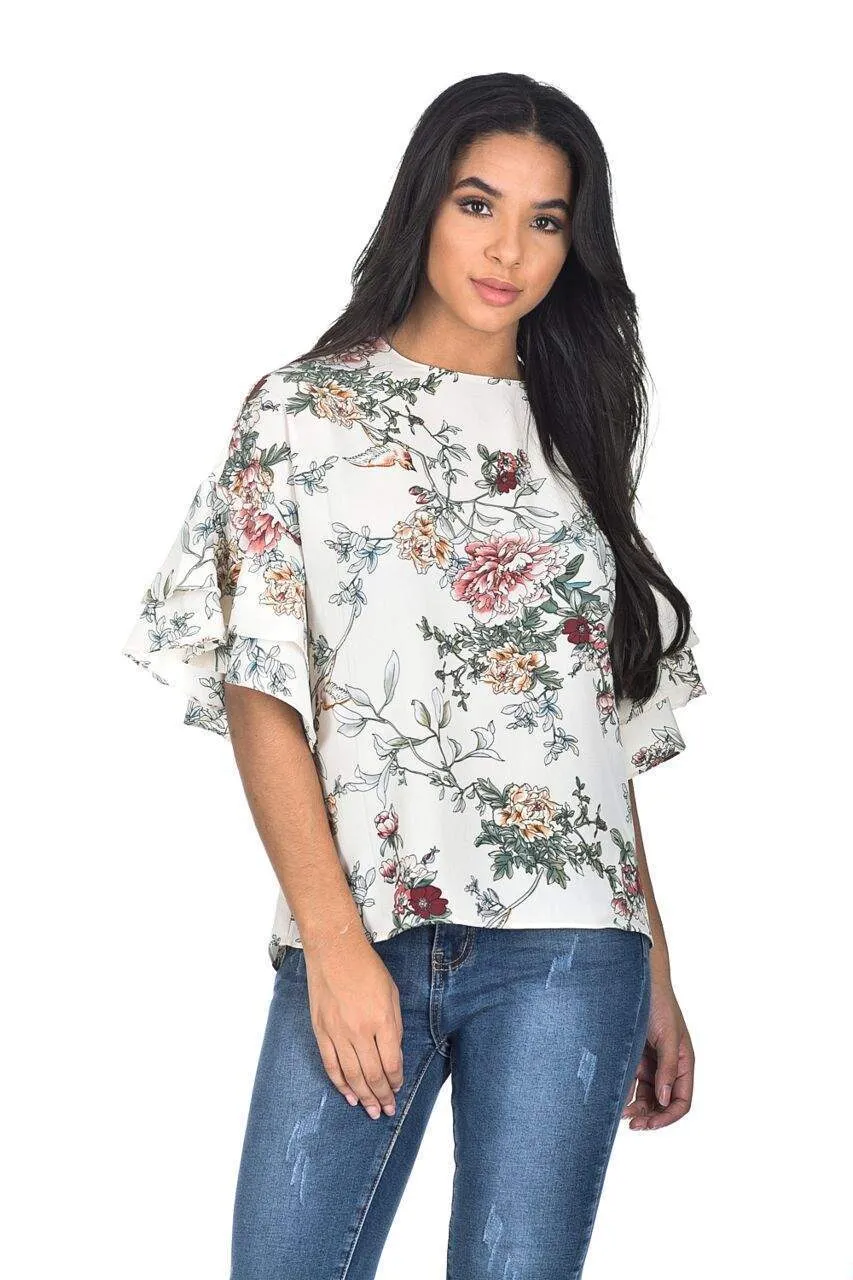 Cream Floral Frill Sleeve Top sold by AX Paris