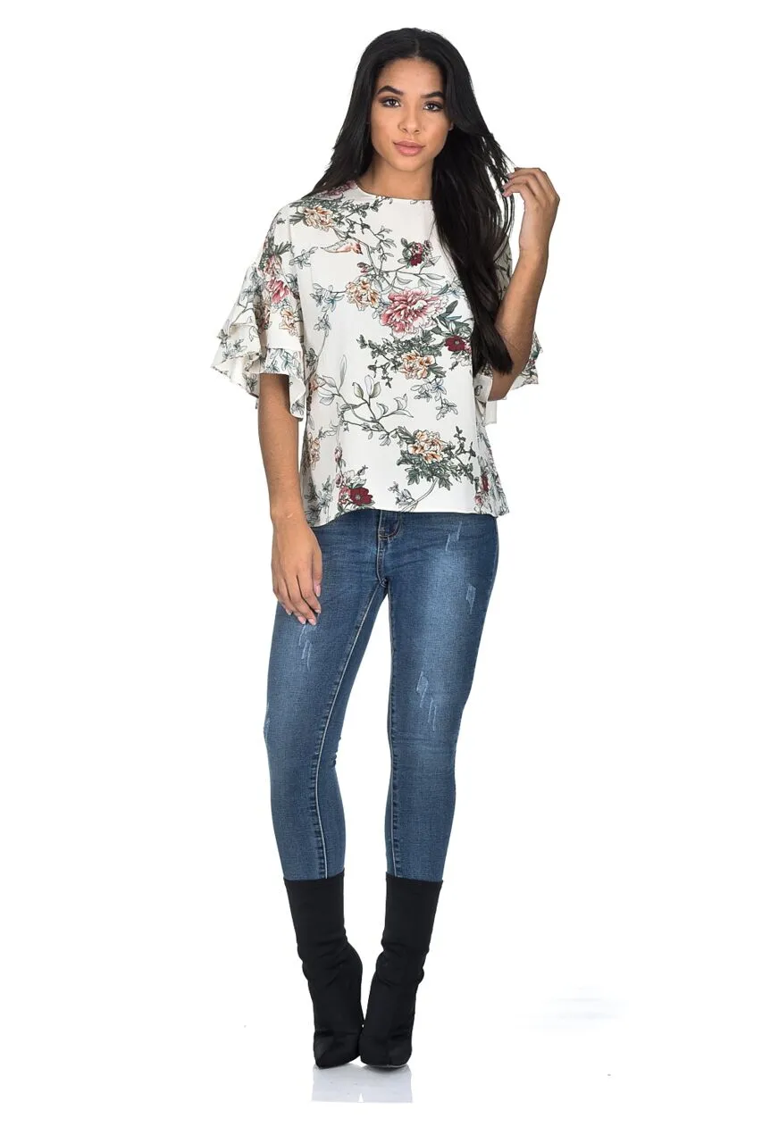 Cream Floral Frill Sleeve Top sold by AX Paris product image thumbnail 2