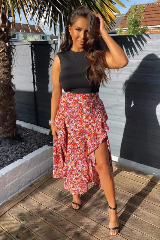 Red Printed Skirt 2 in 1 Midi Dress sold by AX Paris