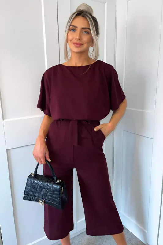 Plum Tie Waist Short Sleeve Culotte Jumpsuit sold by AX Paris