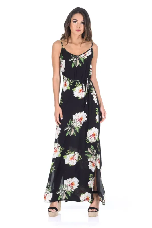Black Floral Print Split Maxi Dress sold by AX Paris