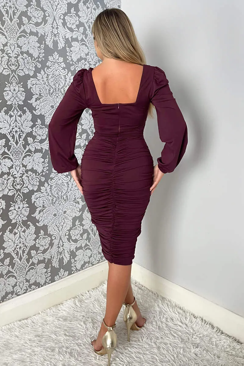 Plum Square Neck Ruched Long Sleeve Midi Dress sold by AX Paris product image thumbnail 4