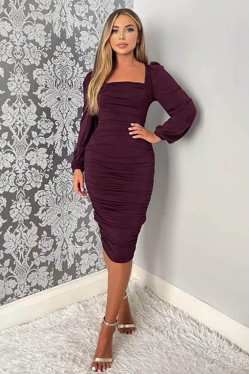 Plum Square Neck Ruched Long Sleeve Midi Dress sold by AX Paris product image thumbnail 2