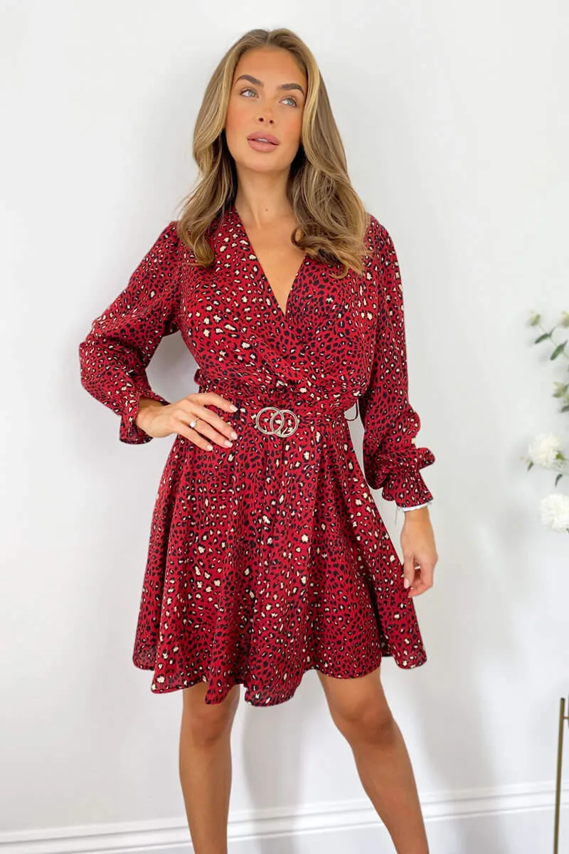 Red Printed Wrap Over Belted Skater Dress sold by AX Paris product image thumbnail 2