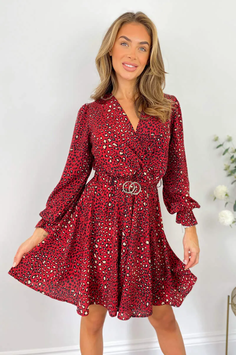 Red Printed Wrap Over Belted Skater Dress sold by AX Paris product image thumbnail 3
