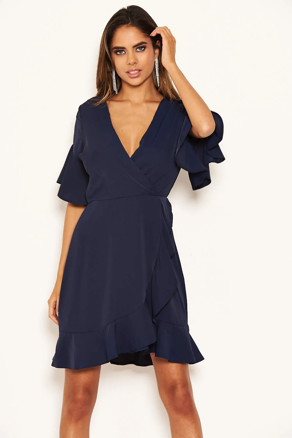 Navy Frill Sleeve Wrap Mini Dress sold by AX Paris product image thumbnail 3