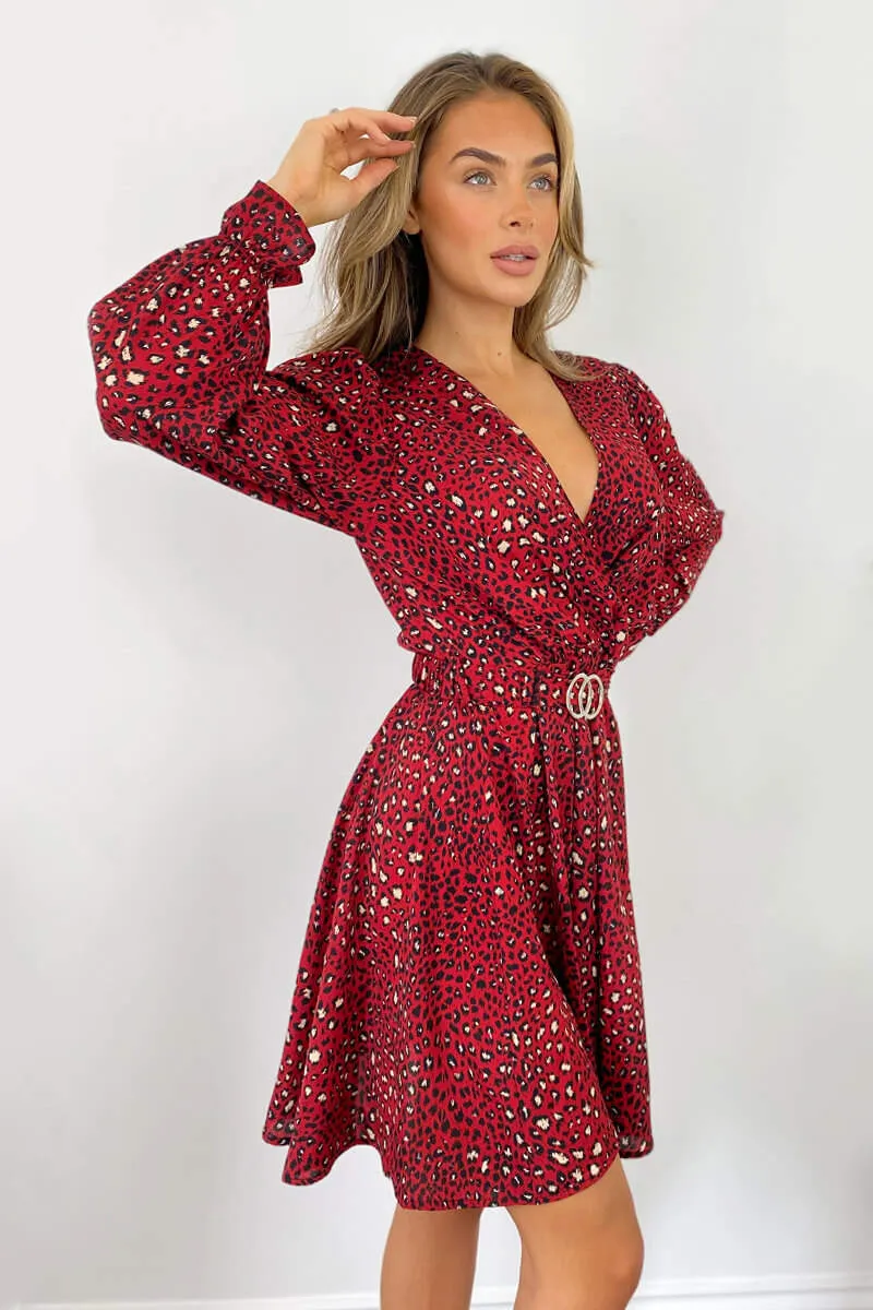 Red Printed Wrap Over Belted Skater Dress sold by AX Paris product image thumbnail 4