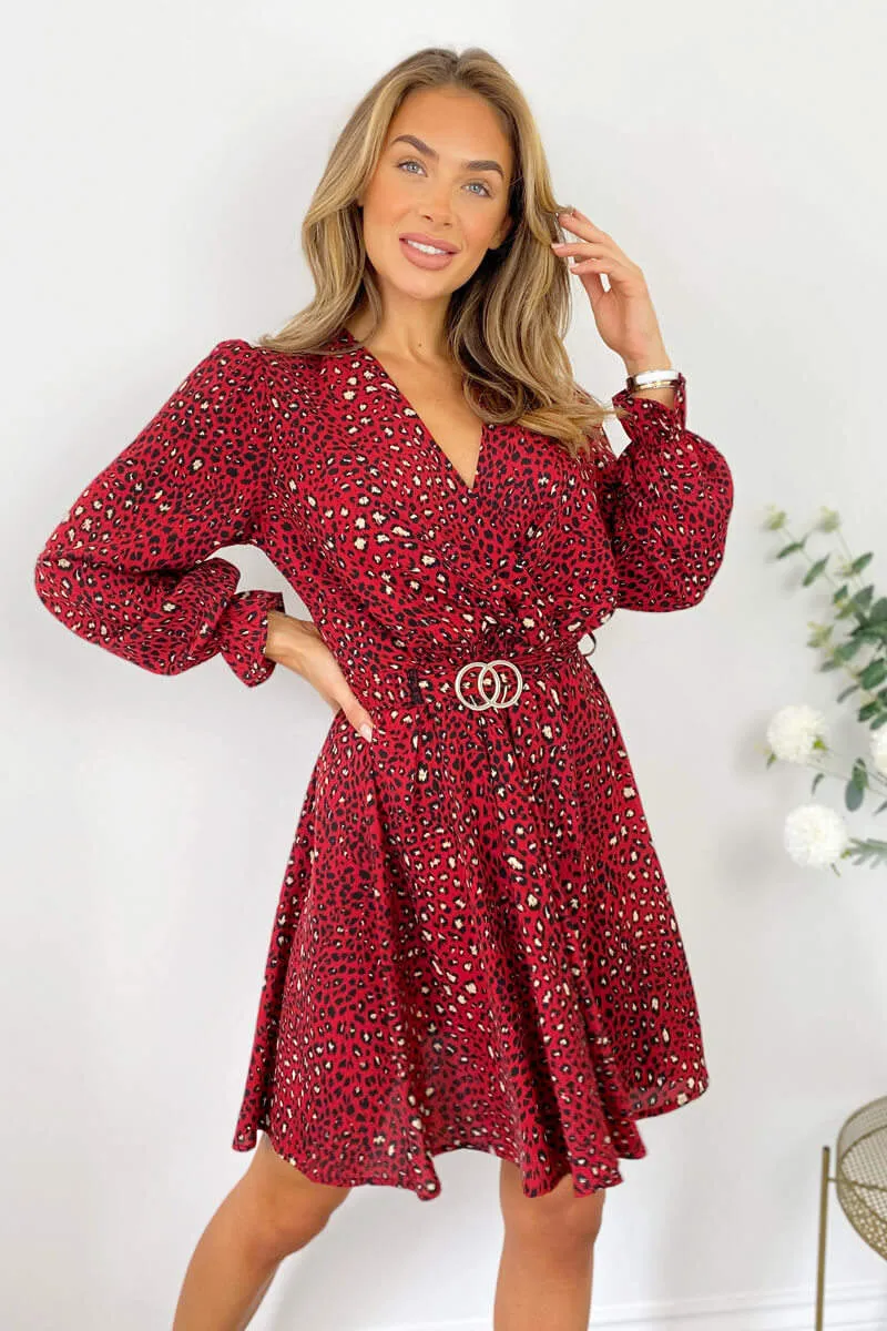 Red Printed Wrap Over Belted Skater Dress sold by AX Paris