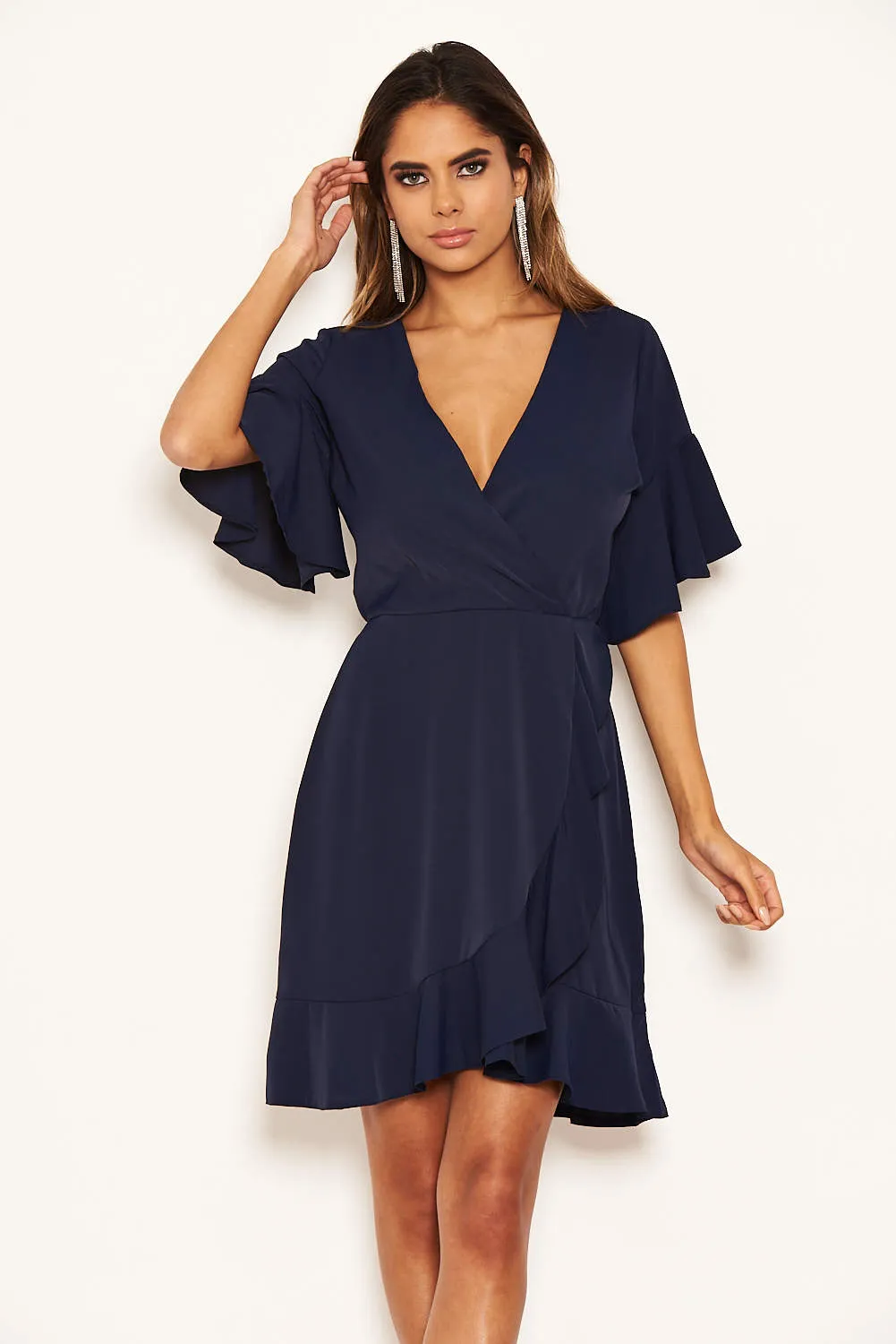 Navy Frill Sleeve Wrap Mini Dress sold by AX Paris product image thumbnail 4