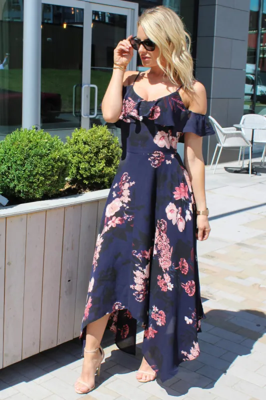 Navy Floral Cold Shoulder Maxi Dress sold by AX Paris