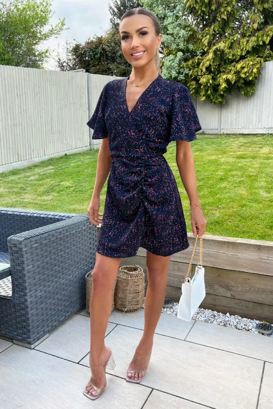 Navy And Pink Printed Short Sleeve Gathered Mini Dress sold by AX Paris