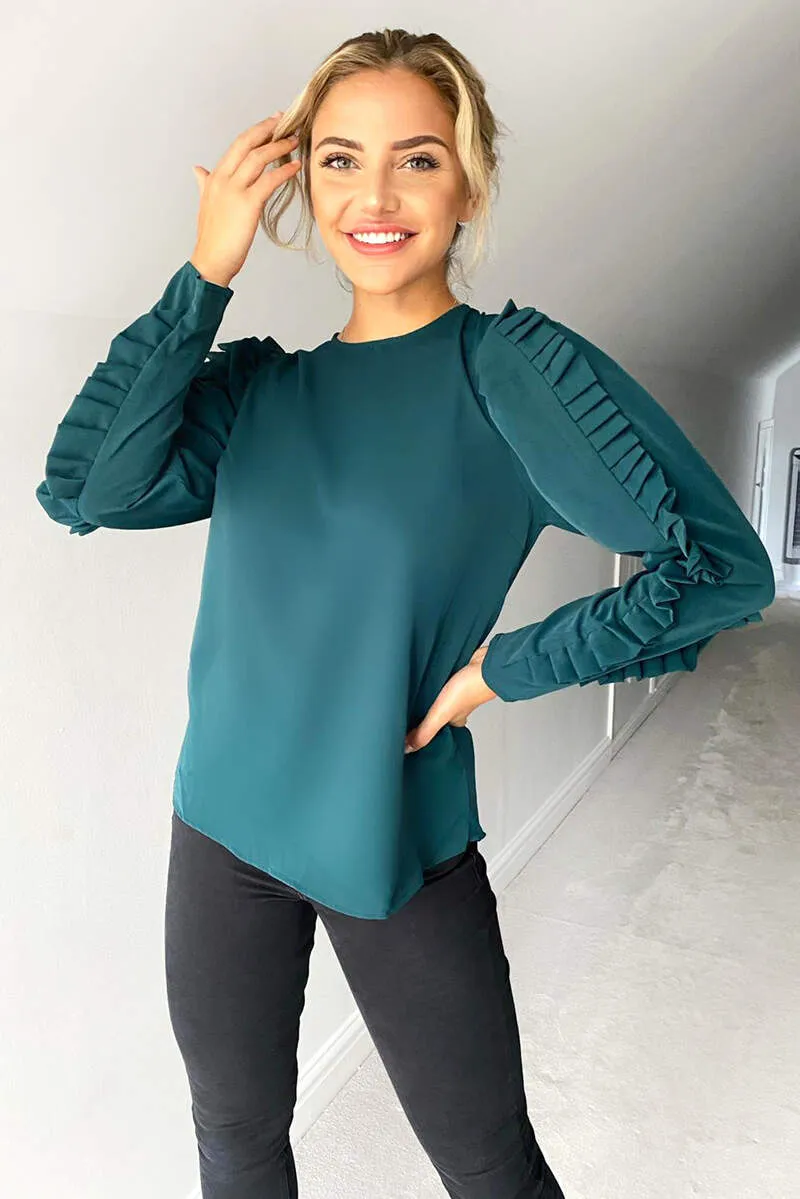 Teal Pleated Long Sleeve Top sold by AX Paris