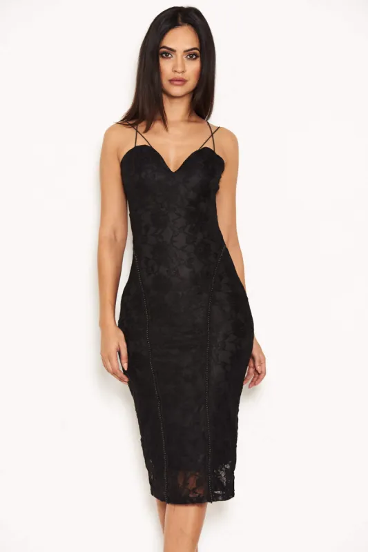 Black Lace Midi Dress With Plunge Neckline sold by AX Paris