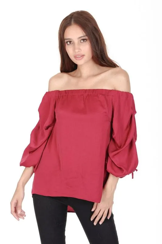 Wine Off The Shoulder Sleeve Detail Top sold by AX Paris