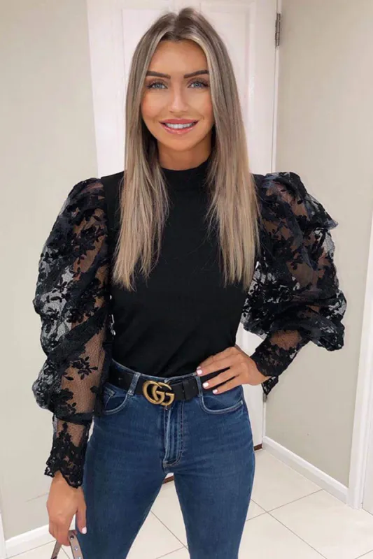 Black Crochet Puff Sleeve Knitted Top sold by AX Paris