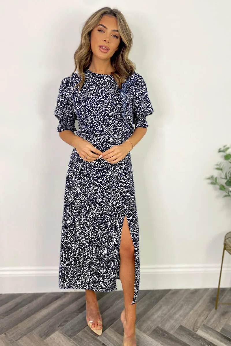 Navy And White Printed Ruffle Front Midi Dress sold by AX Paris product image thumbnail 4