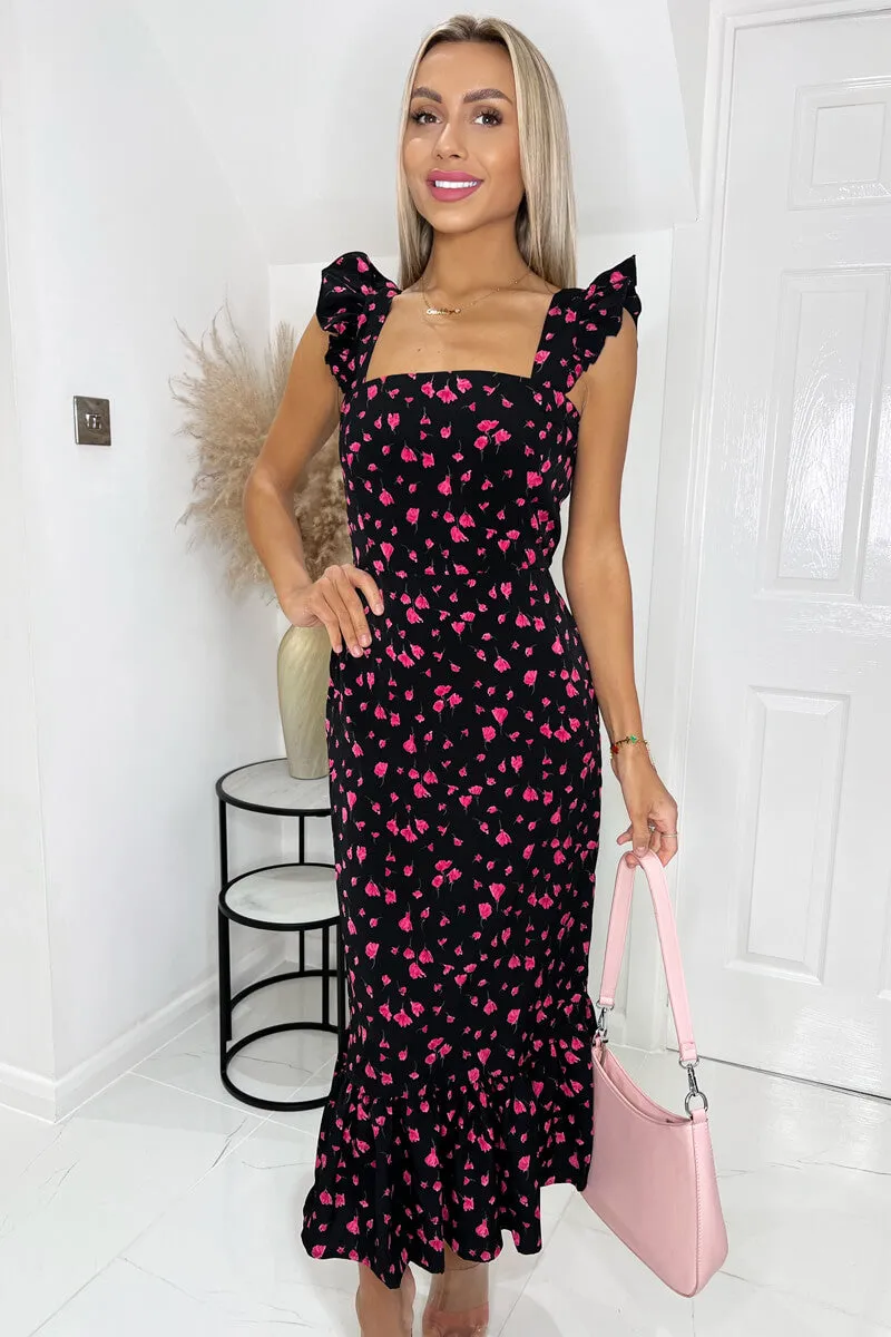Black And Pink Floral Printed Frill Strap Midi Dress sold by AX Paris product image thumbnail 3