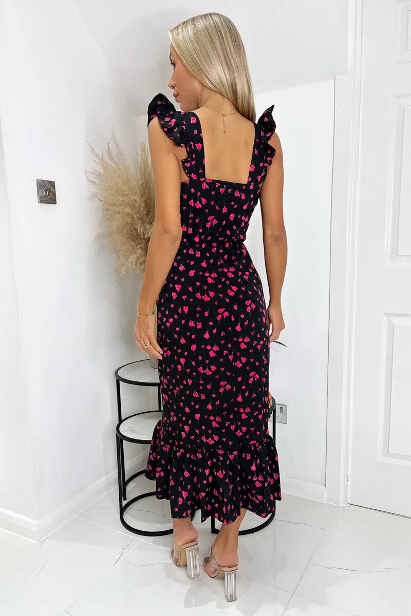 Black And Pink Floral Printed Frill Strap Midi Dress sold by AX Paris product image thumbnail 4