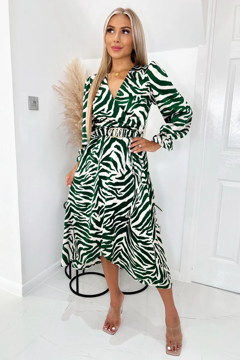 Green Animal Printed Belted Midi Dress sold by AX Paris