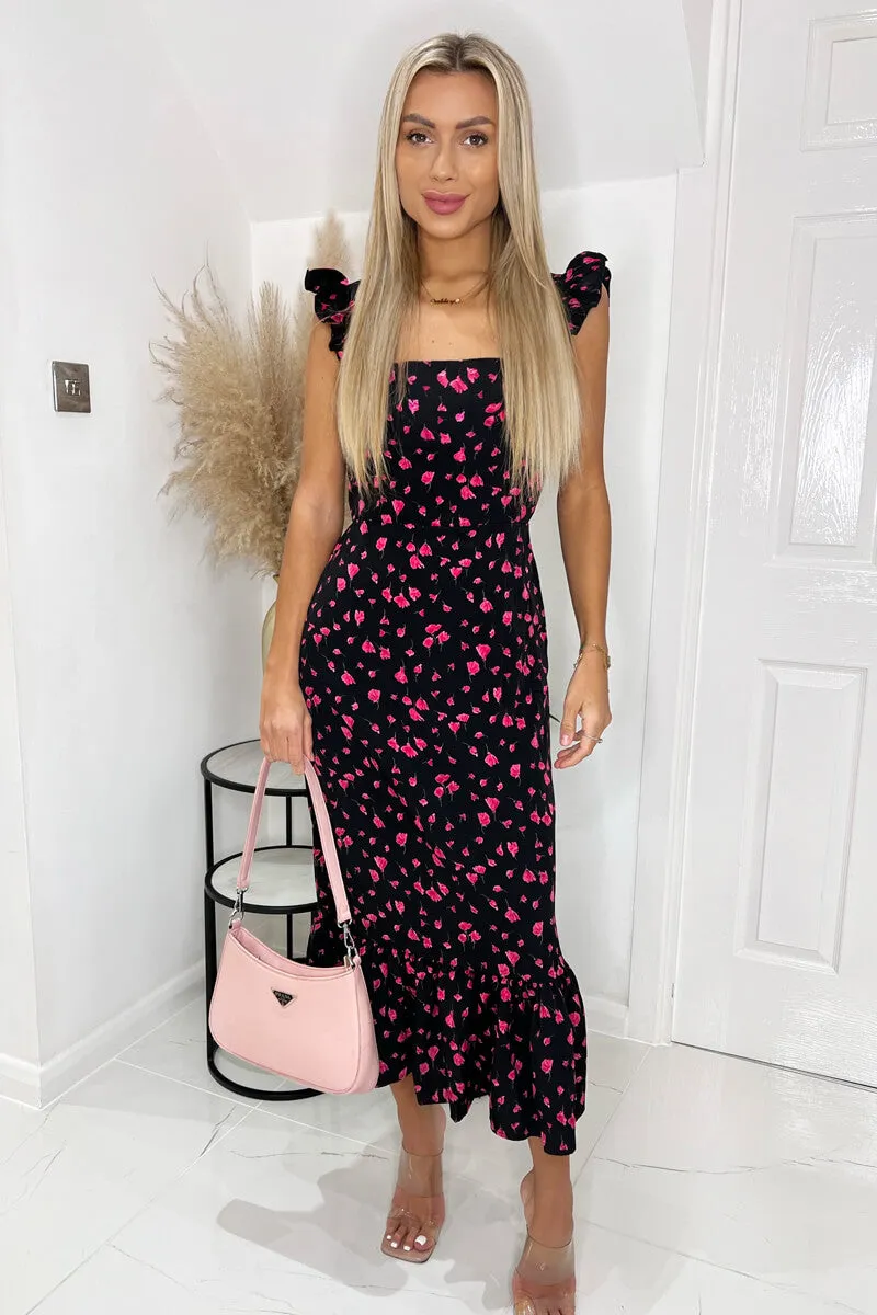 Black And Pink Floral Printed Frill Strap Midi Dress sold by AX Paris product image thumbnail 2