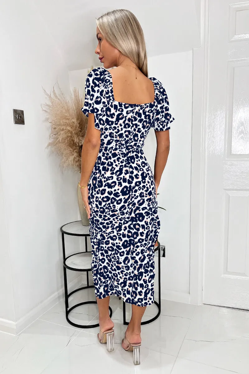 Cream Pink and Navy Animal Print Short Sleeve Tie Front Midi Dress sold by AX Paris product image thumbnail 4