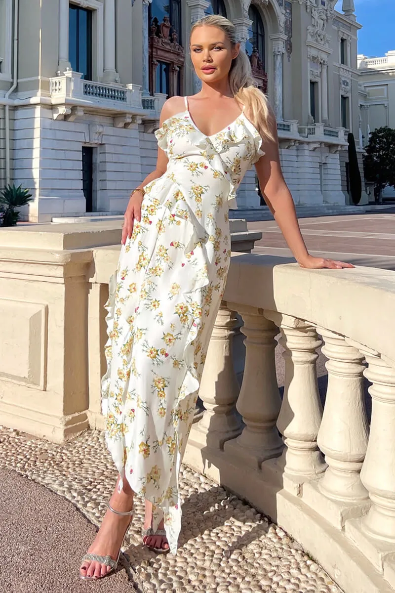 Cream Floral Printed Strappy Frill Hem Midi Dress sold by AX Paris