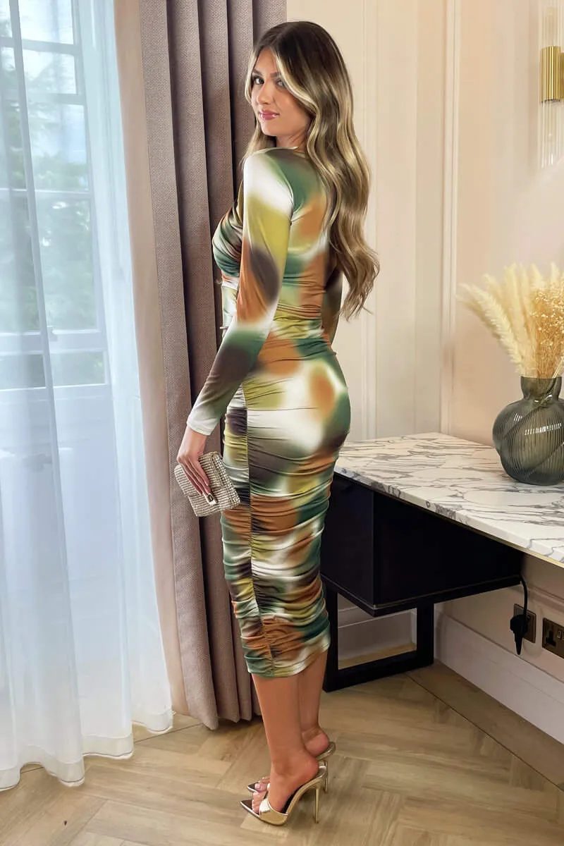 Khaki Printed Long Sleeve Ruched Bodycon Midi Dress sold by AX Paris product image thumbnail 3