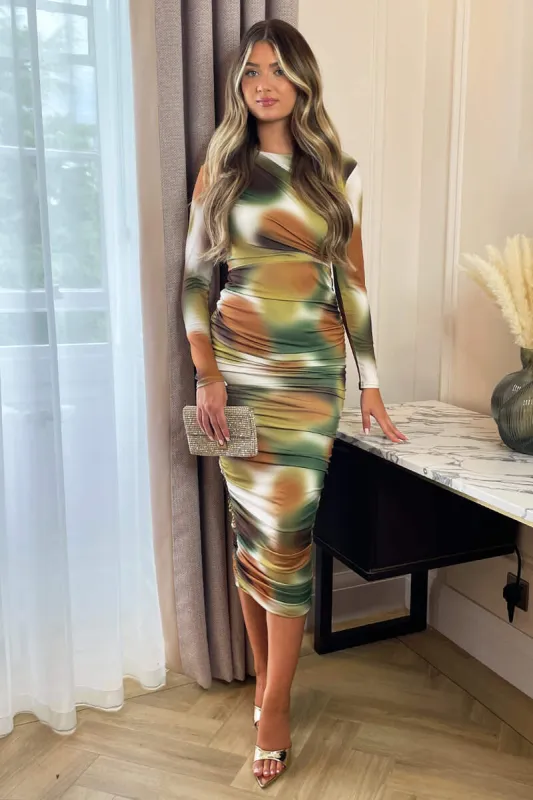 Khaki Printed Long Sleeve Ruched Bodycon Midi Dress sold by AX Paris
