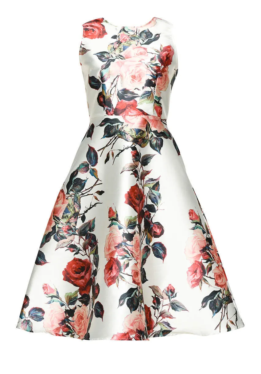 Cream Sleeveless Skater Midi Dress with Rose Print sold by AX Paris product image thumbnail 4