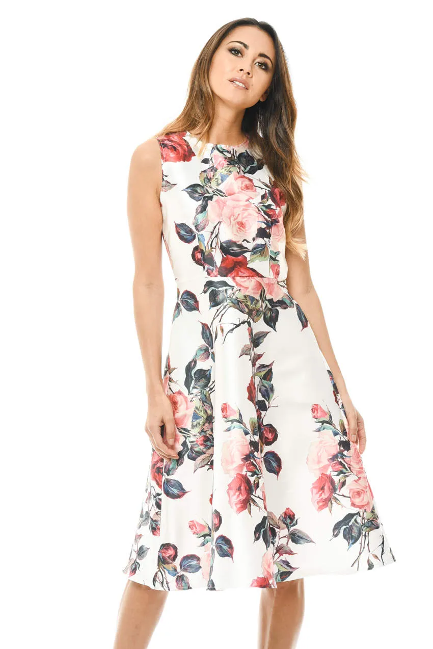 Cream Sleeveless Skater Midi Dress with Rose Print sold by AX Paris