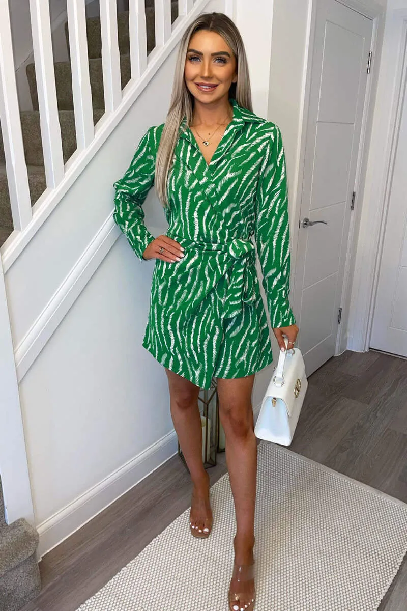 Green And White Animal Print Wrap Mini Dress sold by AX Paris