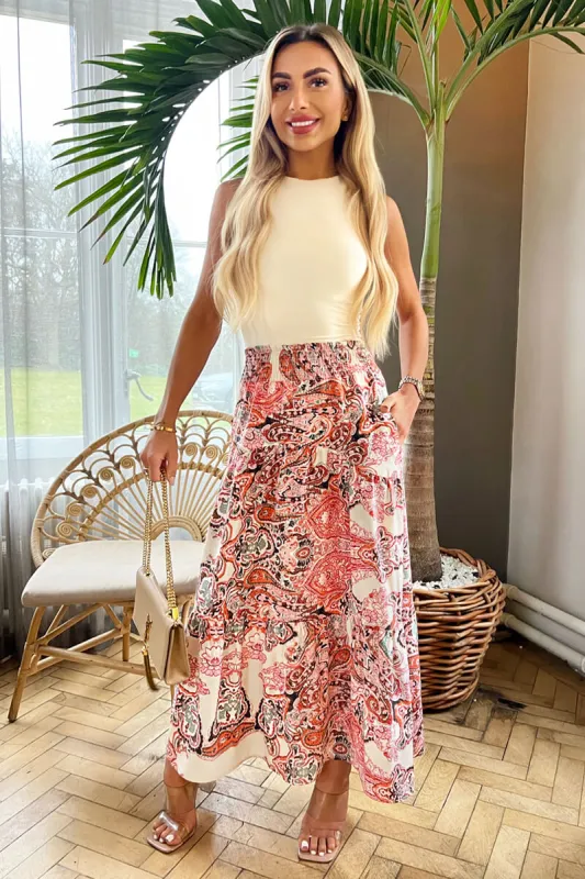 Multi Paisley Print Shirred Waist Maxi Skirt sold by AX Paris