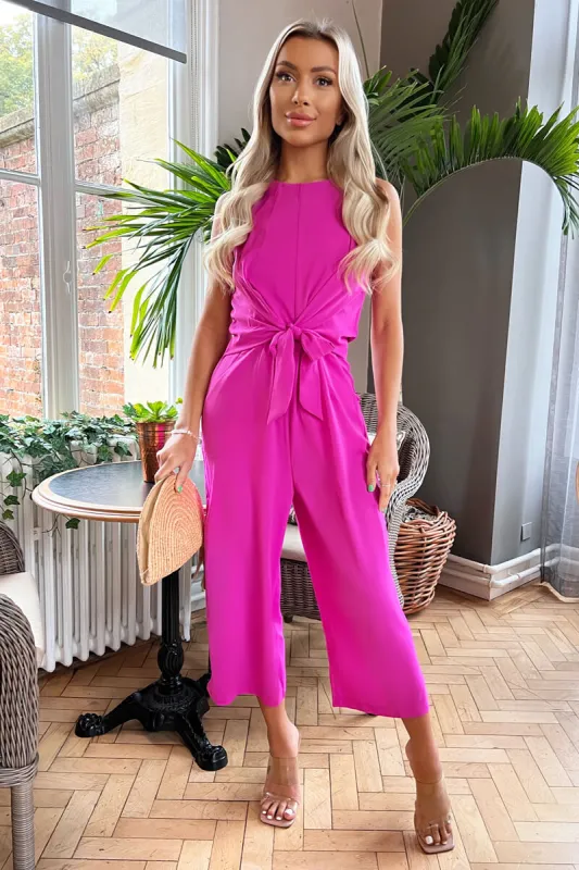 Hot Pink Sleeveless Knot Front Jumpsuit sold by AX Paris