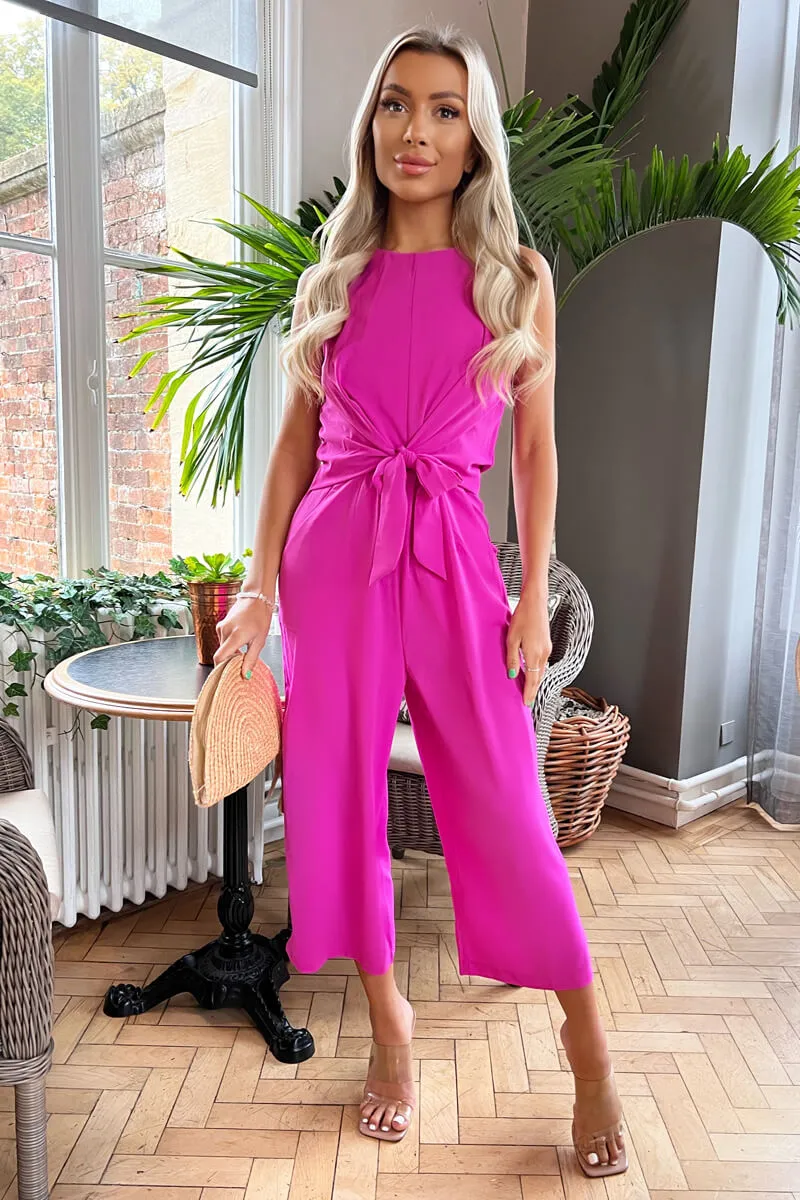 Hot Pink Sleeveless Knot Front Jumpsuit sold by AX Paris