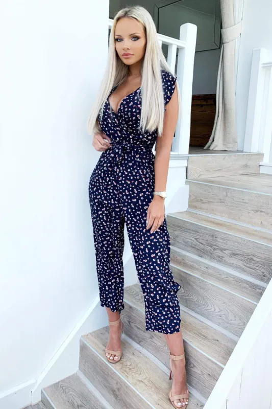 Navy Floral Wrap Over Culotte Jumpsuit sold by AX Paris