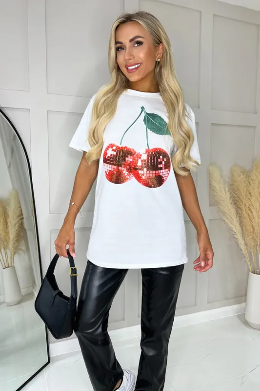 White Glitter Cherry Print T-Shirt sold by AX Paris