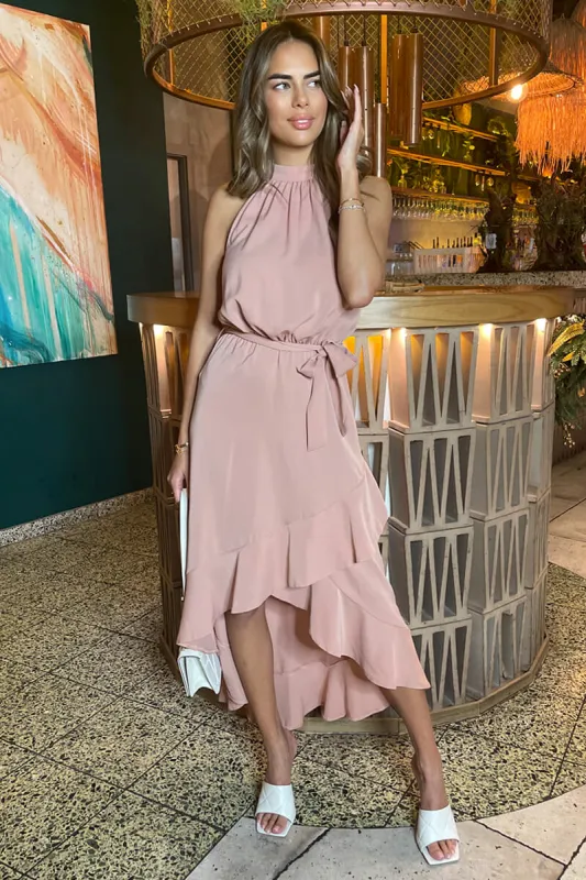 Blush Halterneck Dipped Hem Midi Dress sold by AX Paris