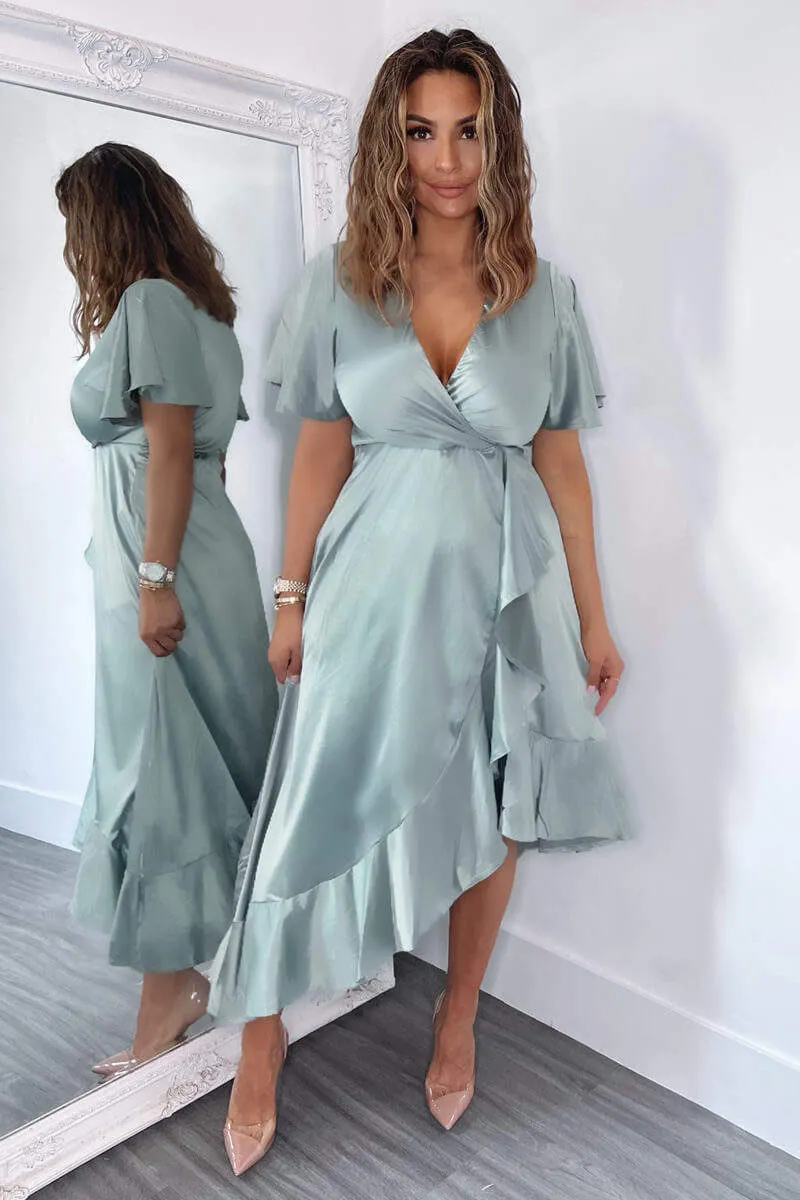 Duck Egg Satin Frill Hem Short Sleeve Midi Dress sold by AX Paris product image thumbnail 3