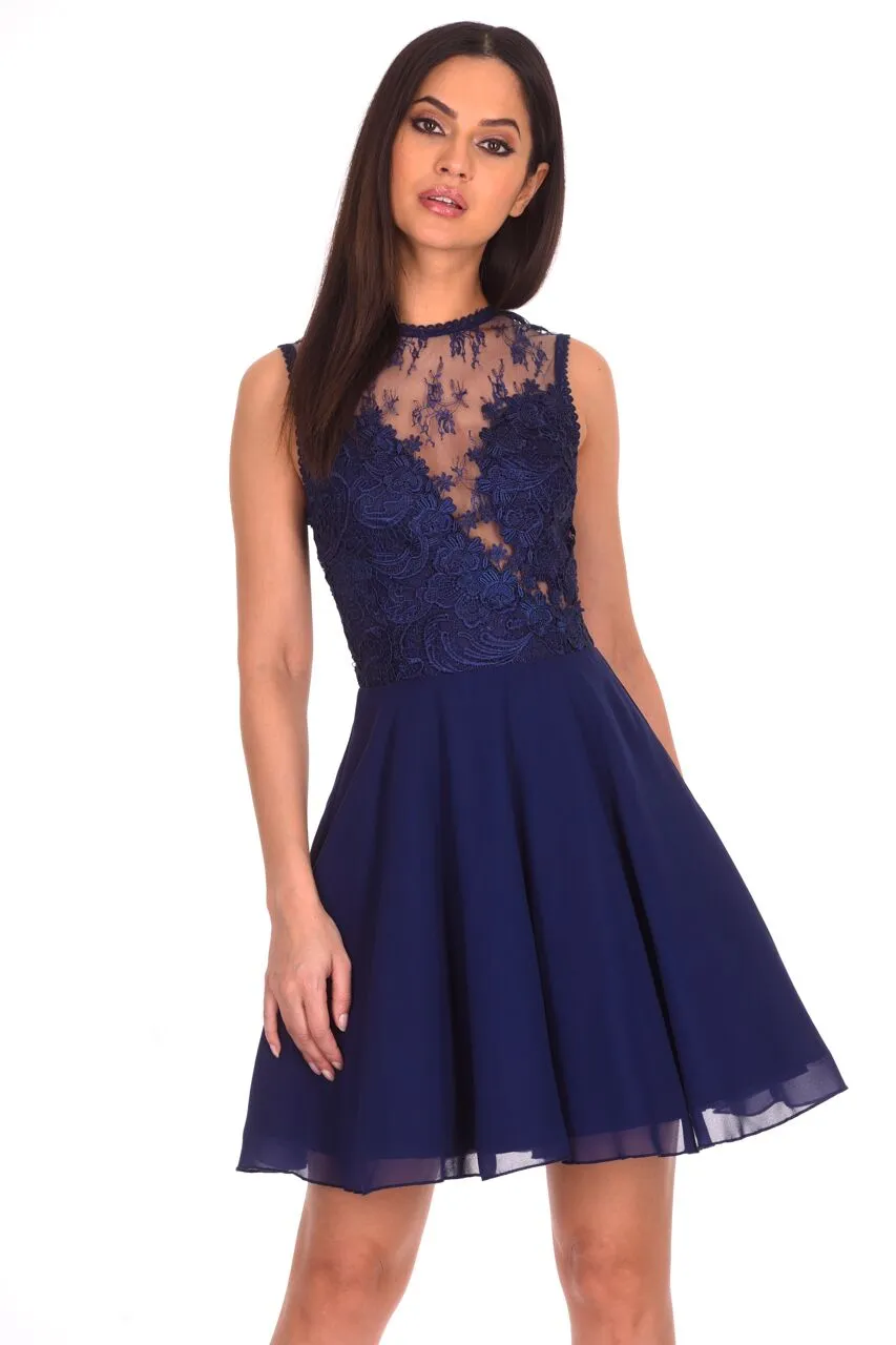 Navy Embroidered Lace Skater Dress sold by AX Paris