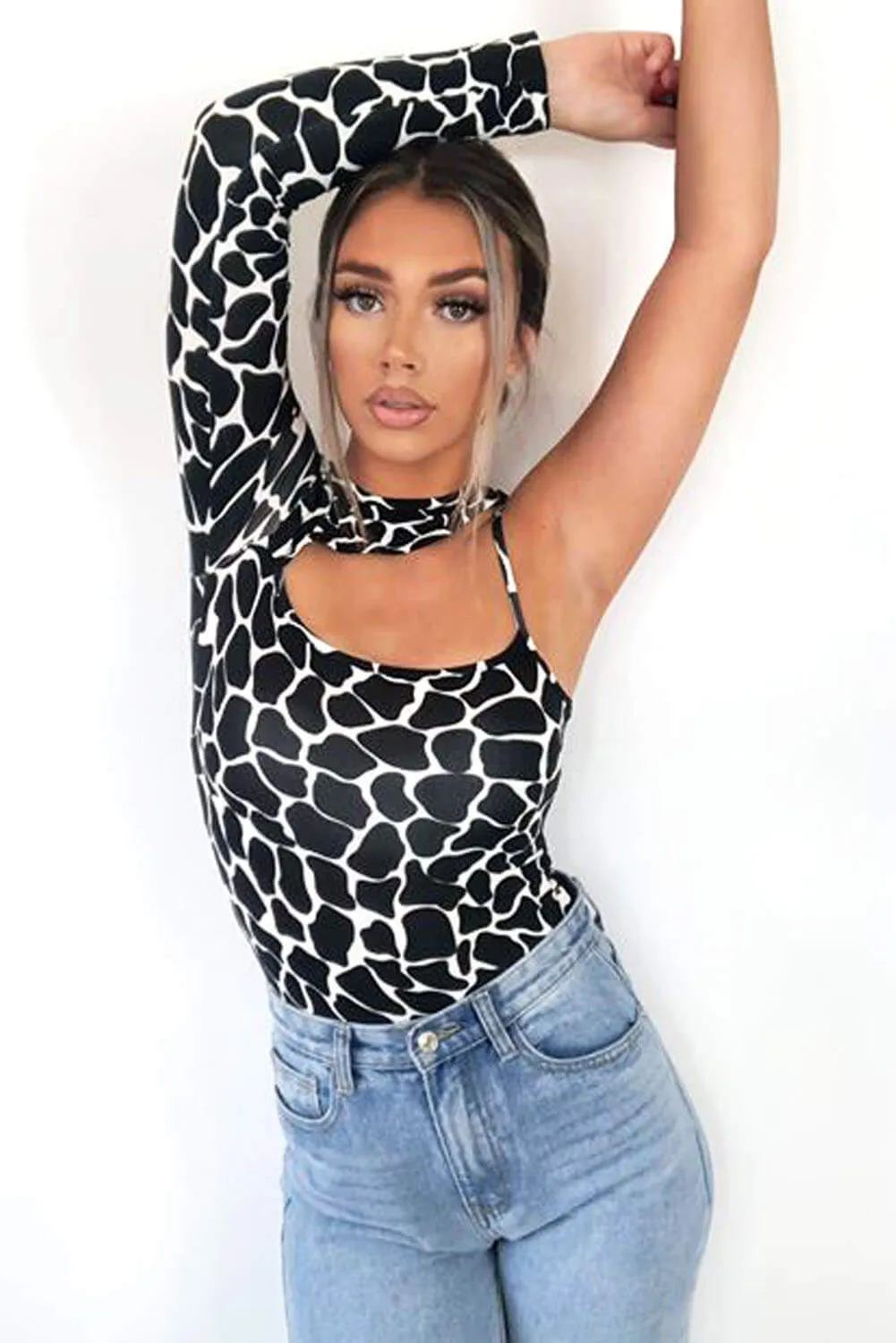 Black Printed One Shoulder Cut Out Bodysuit sold by AX Paris product image thumbnail 3