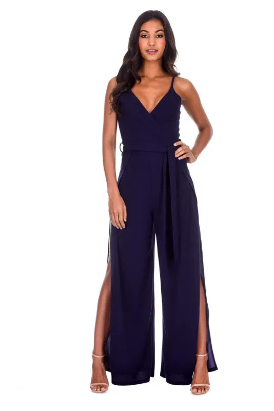 Navy Wide Leg Thigh Split Jumpsuit sold by AX Paris